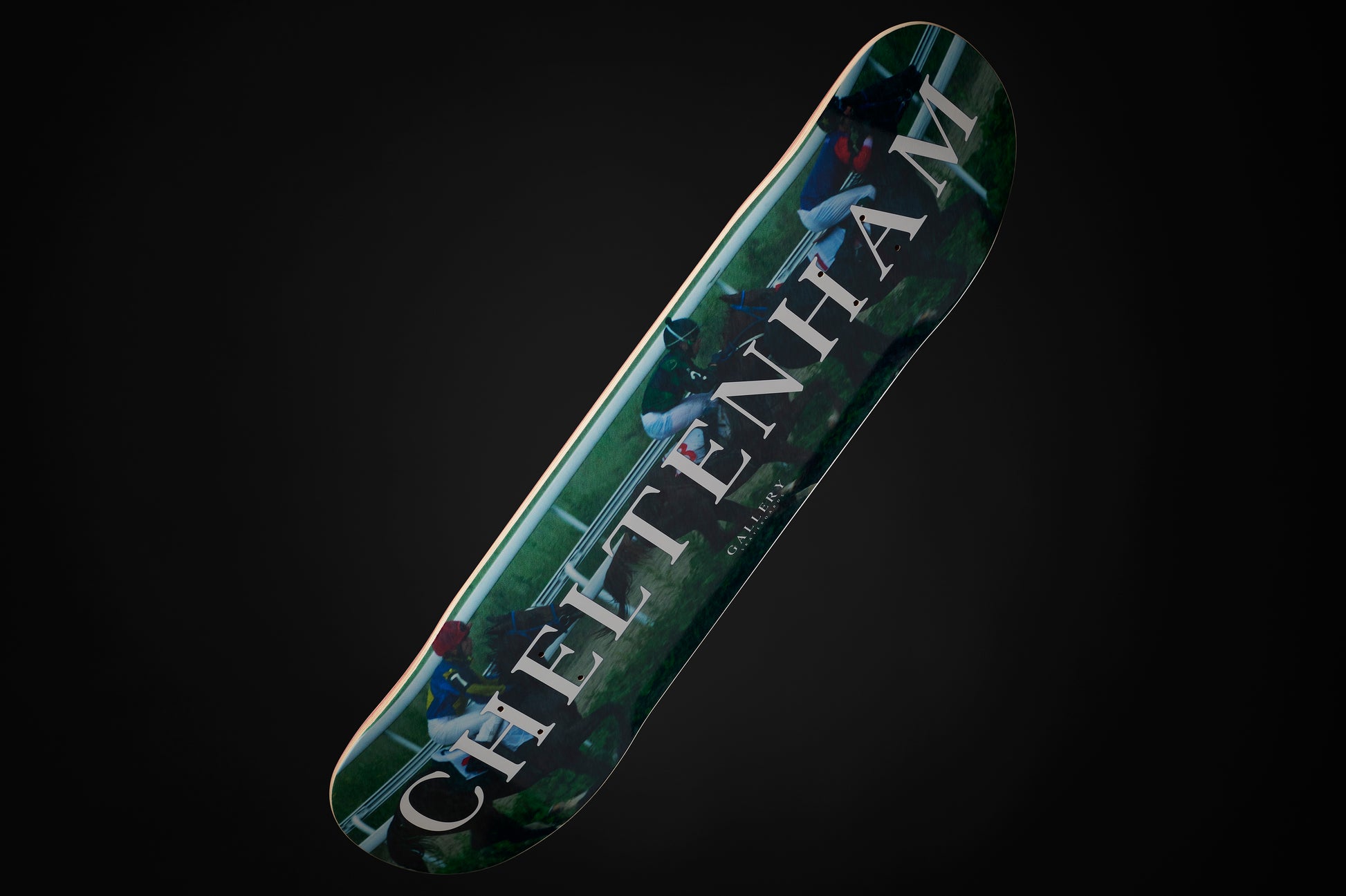 the Festival skateboard deck, showing horse racing with 'CHELTENHAM' printed text