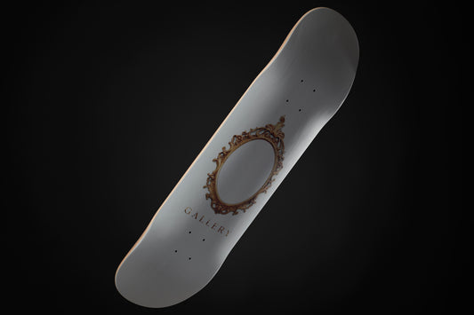 the Speculative skateboard deck, showing empty gold frame on a white background and 'GALLERY' text
