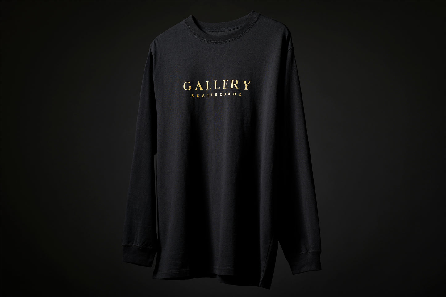 the Monarch long sleeved tee, black with gold Gallery text logo