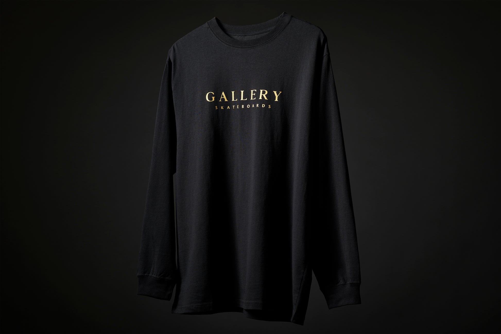the Monarch long sleeved tee, black with gold Gallery text logo