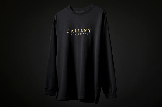 the Monarch long sleeved tee, black with gold Gallery text logo