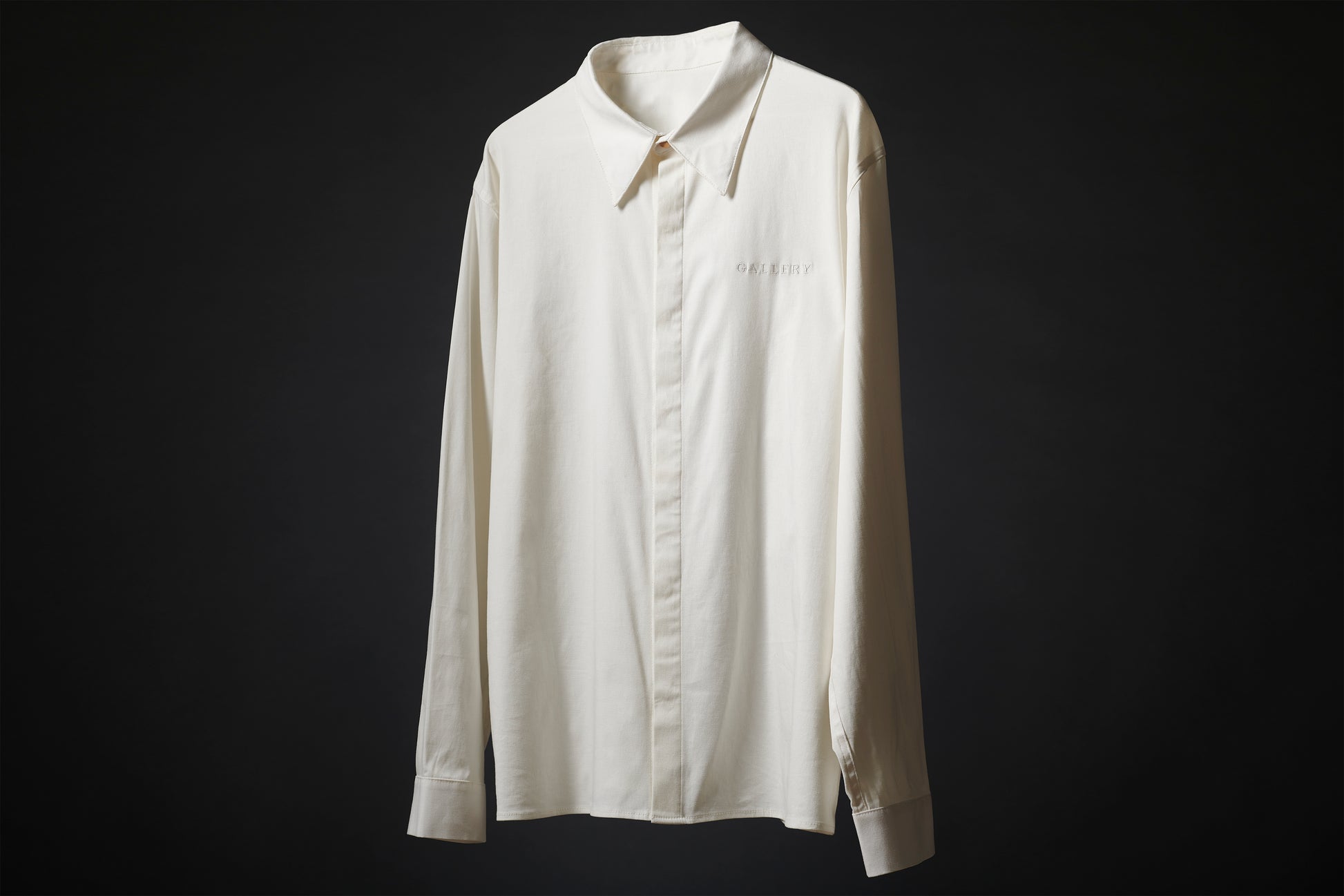 Front view of the Regency formal shirt, with small embroidered Gallery text logo